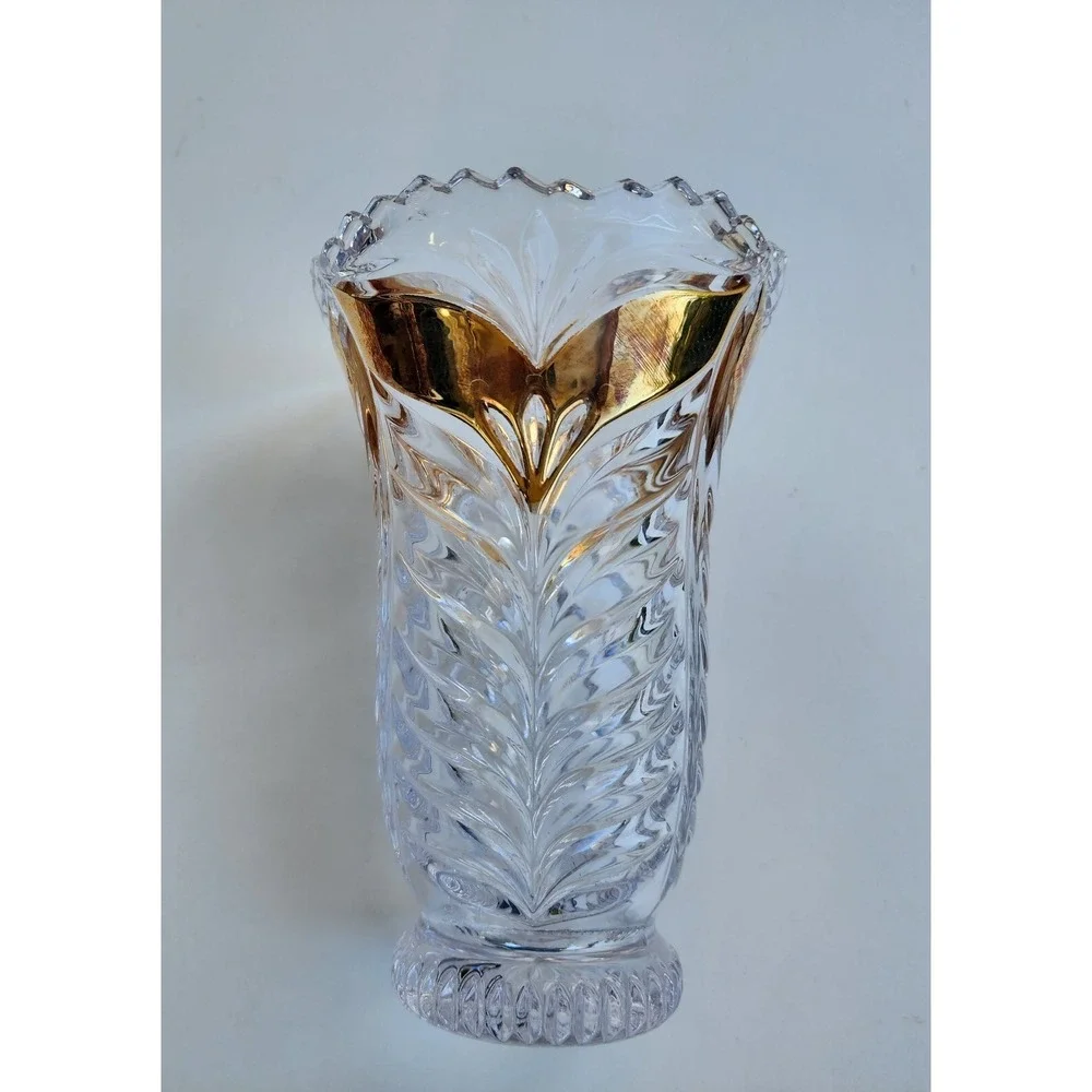Crystal Vase Anna Hutte‎ Germany Gold Trim Accents 6.25